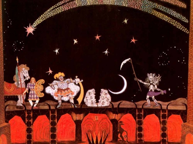 Сочинение по картине: Добужинский - "Эскиз пролога к мистерии А. М. Ремизова Бесовское действо над некиим мужем, а также прение живота со смертью"